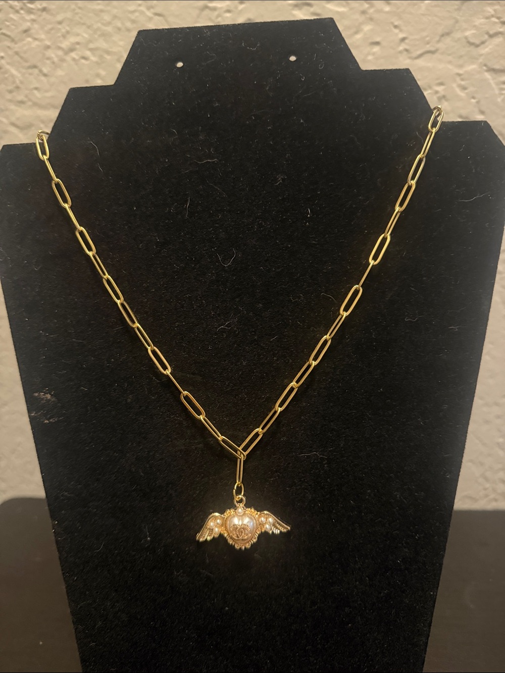 Inspired Gold Winged Pearl Heart Pendant Paperclip Necklace
